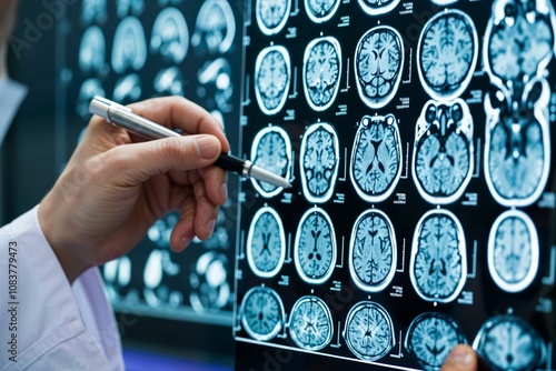 Doctor examining brain scans in a medical facility