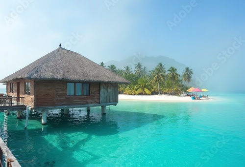 A wooden overwater bungalow on a turquoise blue lagoon surrounded by a tropical island with lush greenery in the background