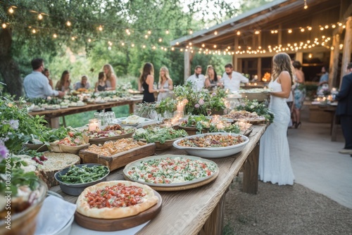 Friends and family gathered around a wooden table filled with fresh, seasonal dishes. Generative AI