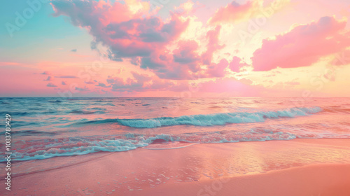 A beautiful beach under a pink and orange sunset sky features a calm sea and a sandy shore.