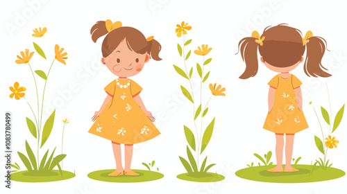 Joyful Little Girl Collage on Green Grass Background