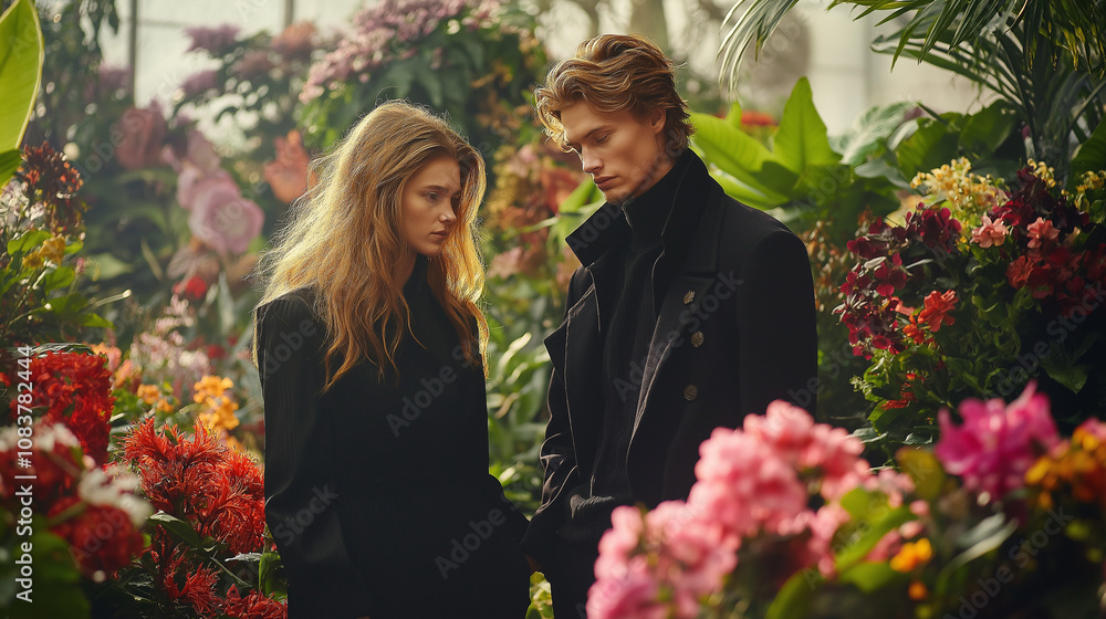 Fototapeta premium A romantic moment between two fashionable individuals in a lush flower greenhouse filled with vibrant blooms during golden hour