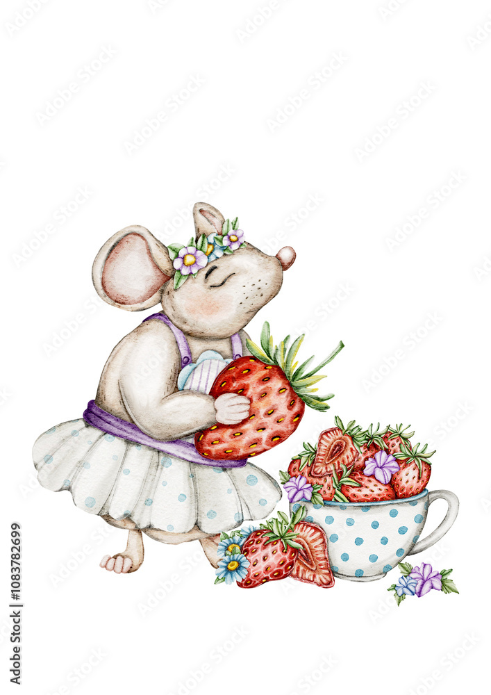 Fototapeta premium illustration, poster Fairy Garden Mice, Strawberries and Flower Patterns, compositions of digital elements for design 