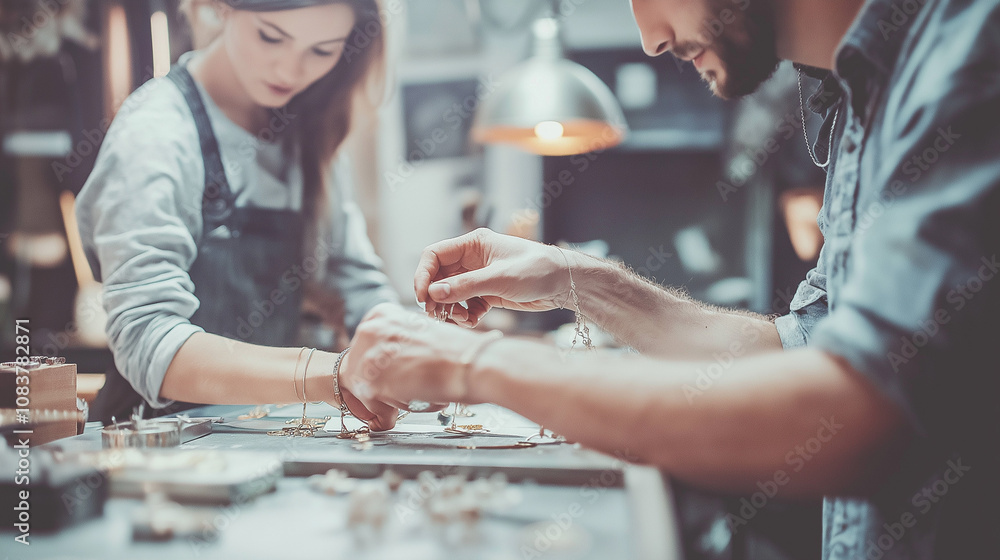Fototapeta premium Artisans create unique handmade jewelry in a cozy workshop during a creative afternoon filled with passion and artistry