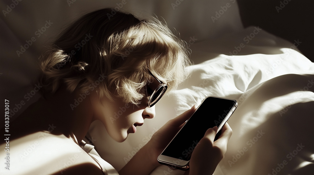 Fototapeta premium A woman in sunglasses relaxed on a bed while using her smartphone, absorbed in the glow of the screen during a lazy afternoon