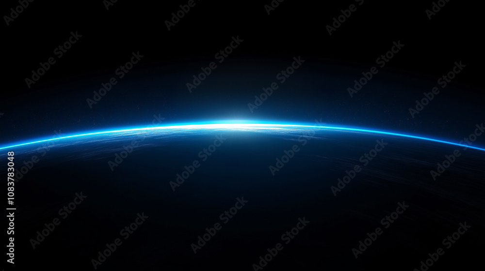 Obraz premium A serene view of the Earth's curvature from space, illuminated by a soft blue glow, conveying the vastness and beauty of our planet.