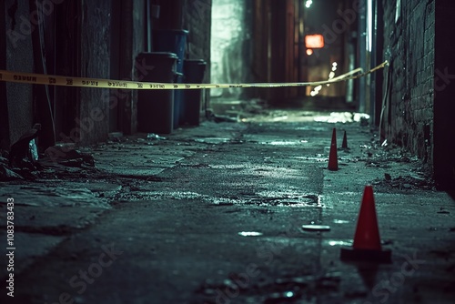 Dark alley with police tape and cones at night photo