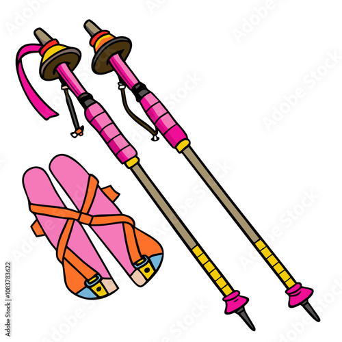 Pink and Yellow Hiking Poles and Boots: A vibrant illustration of hiking poles and boots in pink, yellow, and brown colors, perfect for outdoor enthusiasts and adventurers.  