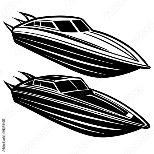 Speedboat Duo: Sleek and powerful speedboats, rendered in a classic black and white illustration style, capture the essence of luxury and high-performance watercraft. Perfect for nautical designs.