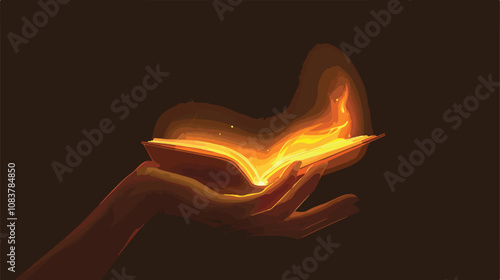 Close up of hand holding glowing book on flat surface