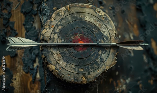 A lone, silver archers arrow embedded in a wooden target photo