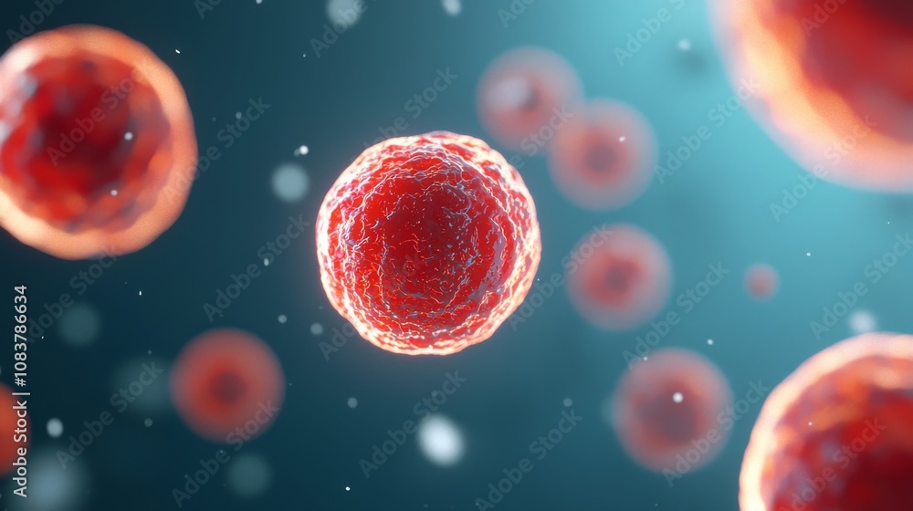 Naklejka premium A close-up view of red cells floating in a blue background, illustrating cellular biology and microscopic structures.