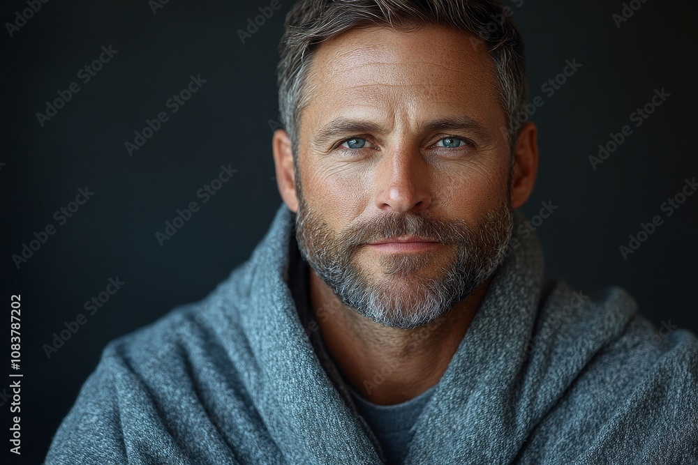 Fototapeta premium portrait caucasian man 50 years old with grey blanket on dark background