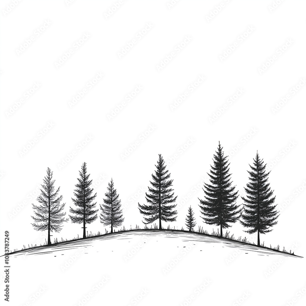 Obraz premium pine forest line with a few trees. White background. 