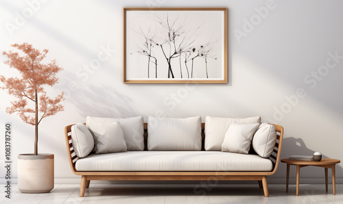 Modern Minimalist Living Room Interior Beige Sofa Wooden Frame Plant photo