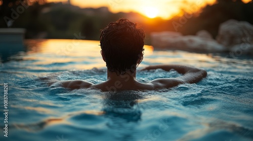 man swims in outdoor pool, luxury vacation, rest, closeup