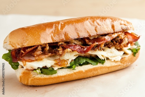 Delicious Sandwich With Grilled Chicken, Crispy Bacon, and Fresh Greens Served on a Toasted Hoagie Bun photo