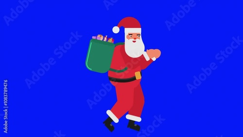 A 2D animation of Santa Claus running with a gift bag, set against a blue background, conveying a Merry Christmas theme.