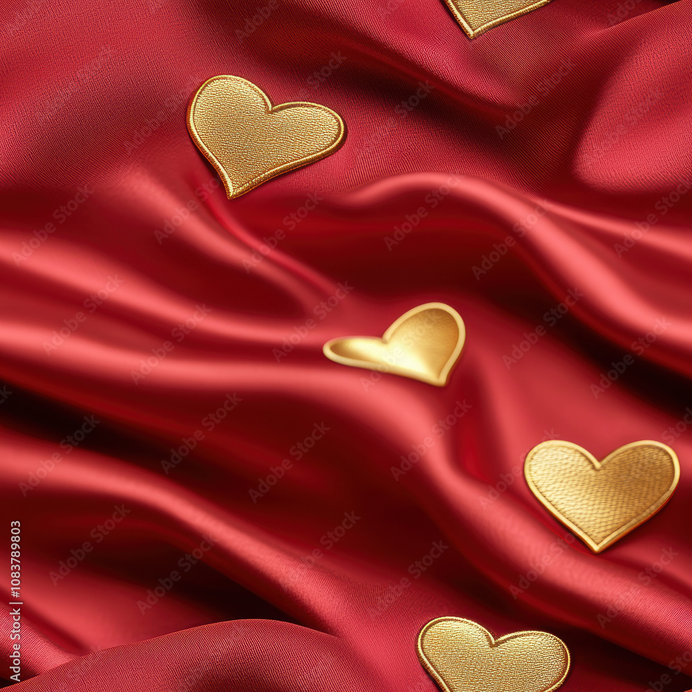 Fototapeta premium Elegant seamless pattern of gold foil hearts on red satin background, creating romantic and luxurious feel. Perfect for Valentine Day or special occasions