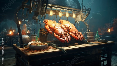 A photo of a stylish seafood grill with a maritime photo