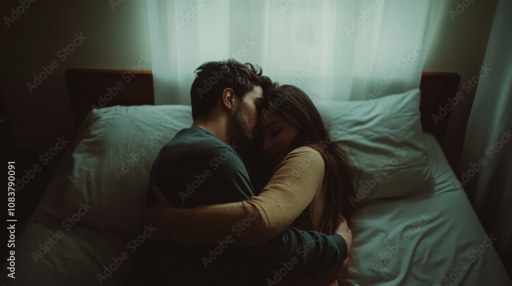 Fototapeta premium Young couple embracing tenderly in bed, sharing intimate moment