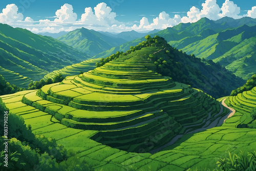 Anime-style aerial perspective, geometric green rice terraces, mountain backdrop, soft clouds hovering above photo