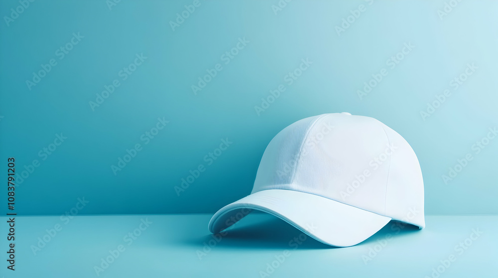 Fototapeta premium A white baseball cap placed on a clean surface against a vibrant blue background, illuminated by soft natural light.