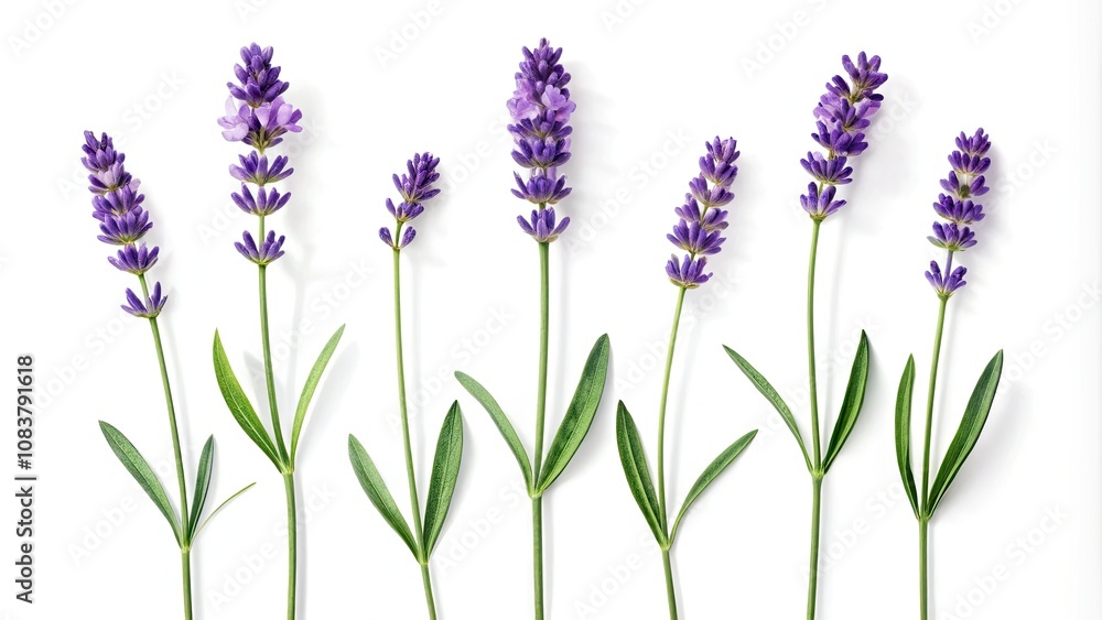 Obraz premium Five Lavender Sprigs in Silhouette on White Surface - Elegant Nature Photography, Aromatic Herb Arrangement, Minimalist Design, Botanical Art for Home Decor and Interior Design Inspiration