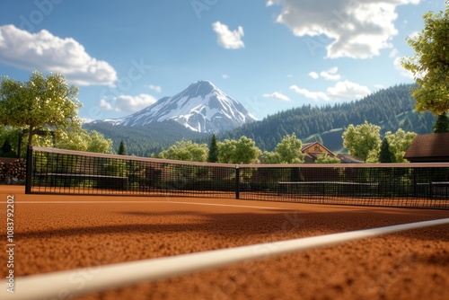 Tennis Court With Mountain Backdrop in Sunny Outdoor Setting During Afternoon photo