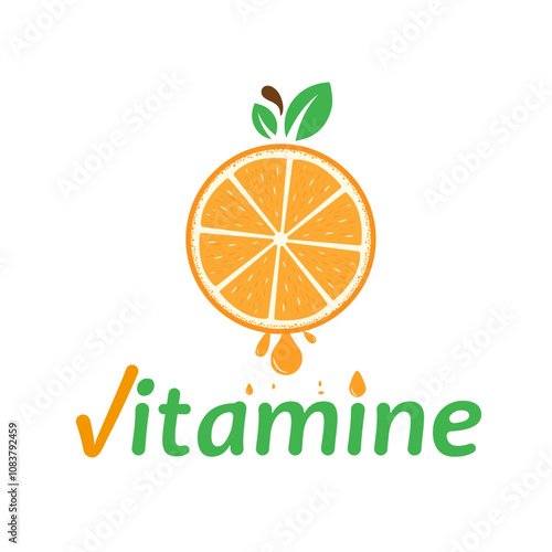  Creative vitamine logo design.orange fruit with two green leaves. Vitamin concept with slice of juicy orange. Healthy complex with chemical formula from nature.