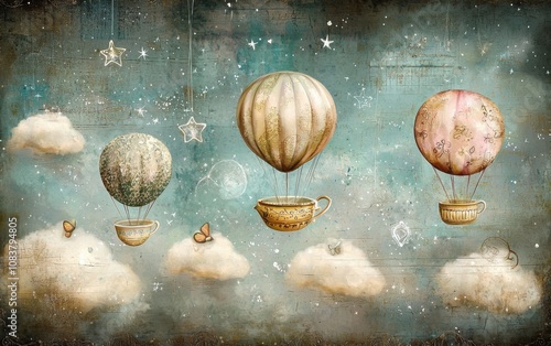 Whimsical hot air balloons made from teacups float among clouds and stars in a dreamy, vintage-style illustration.