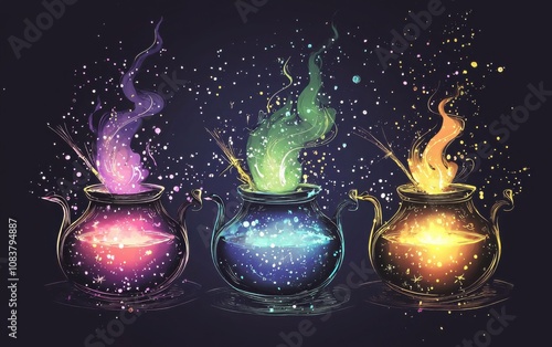 Magical cauldrons emanate vibrant, ethereal flames in pink, green, and yellow, set against a starry dark background.