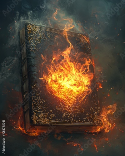 Ancient book engulfed in mystical flames, its pages revealing a fiery heart-shaped inferno amidst ornate golden designs.