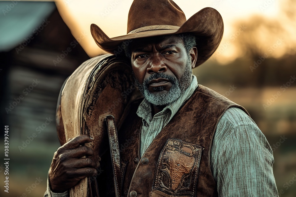 Fototapeta premium Cowboy with stern look holding saddle at dusk