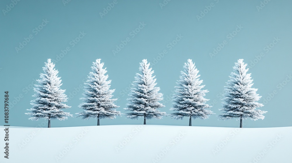 Obraz premium A serene winter scene featuring five snow-covered evergreen trees against a soft blue background.