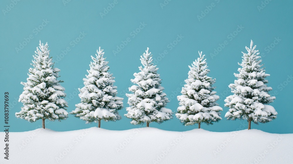 Fototapeta premium A serene winter scene featuring five snow-covered evergreen trees against a soft blue background.