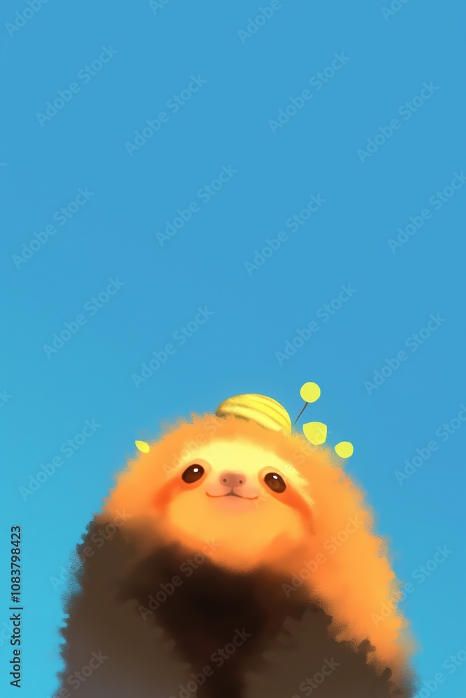 Obraz premium Cute cartoon sloth with a yellow hat and cheerful expression against a bright blue sky