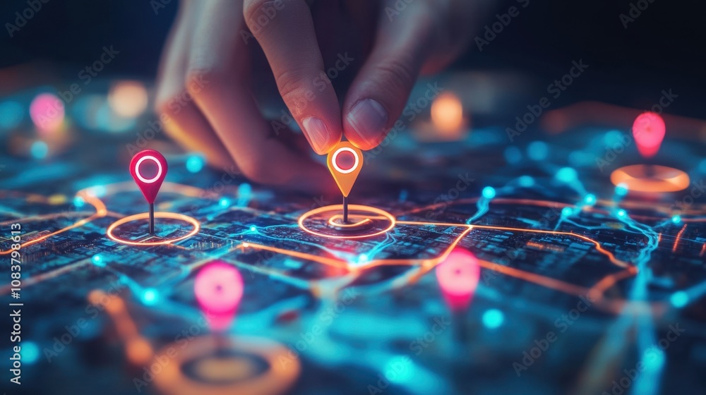 Fototapeta premium Hand Placing Pin on Digital Map with GPS Markers, Highlighting Location and Navigation for Modern Travel and Exploration Purposes