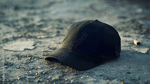 A dark navy baseball cap resting on a rough outdoor surface, showcasing a worn and rugged look.
