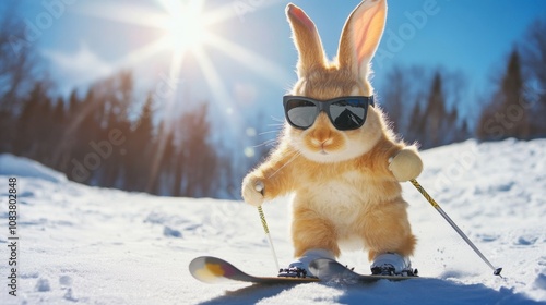 Adorable Skiing Bunny in Sunglasses Enjoys a Sunny Winter Day on a Snowy Mountain with Bright Blue Skies and Vibrant Forest Background photo