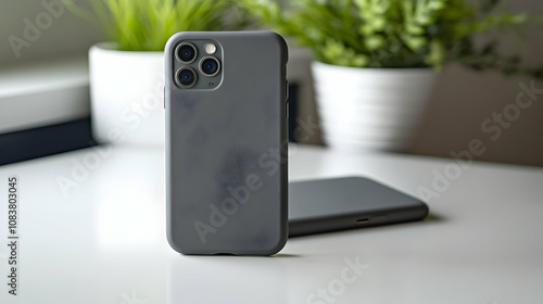 A dark gray phone case standing upright on a desk with greenery and natural light in the background. photo