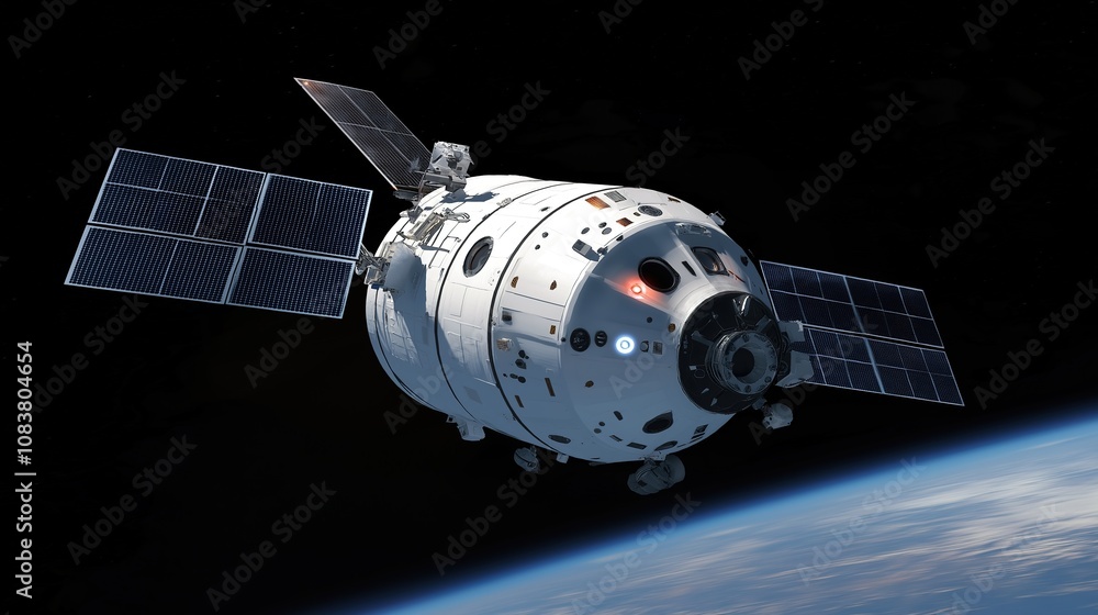 Fototapeta premium Cargo spacecraft slowly approaching a large space station, symbolizing the advancement and collaboration in space exploration.