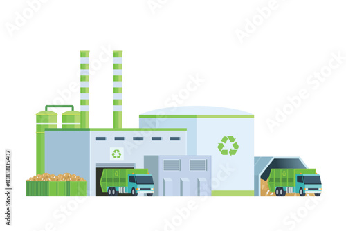waste to energy plant flat vector front view illustration, Green waste recycling plant. Modern flat style