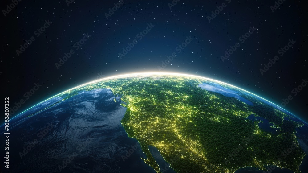 Obraz premium Stunning View of Earth’s Surface with Intricate Green Circuits Glowing in the Dark Against a Cosmic Background, Featuring a Beautifully Illuminated Landscape