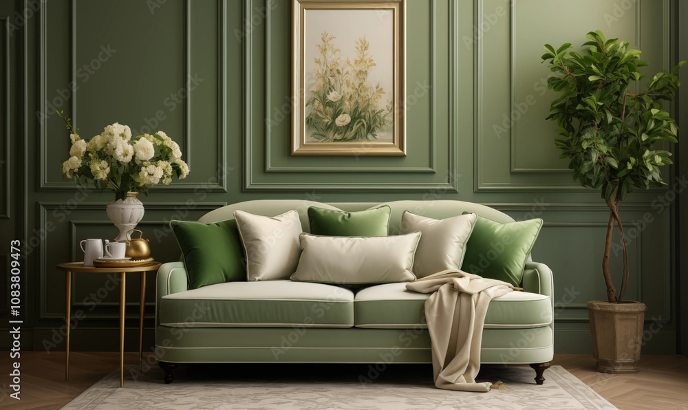 Fototapeta premium Sage Green Velvet Sofa in Classic Interior Gold Side Table Floral Arrangement