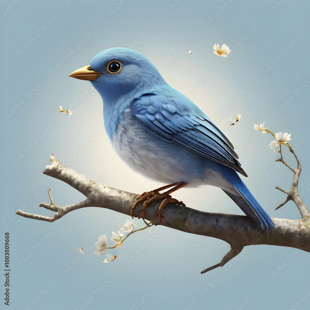 Fototapeta premium a small, blue bird with big, playful eyes. The bird, shown in full length, is perched on a branch 