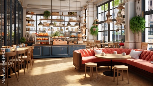 A photo of a trendy bakery-cafe with a communal seating photo