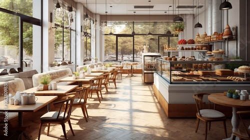 A photo of a trendy bakery-cafe with a communal seating photo