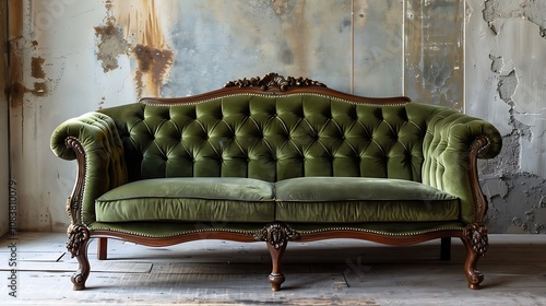 Luxury green sofa with pillows in the interior of the room