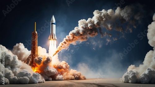 A powerful rocket ascending into the clear blue sky, leaving behind massive plumes of smoke and fiery exhaust. The scene captures the raw energy of liftoff, with vibrant orange flames and thick white  photo